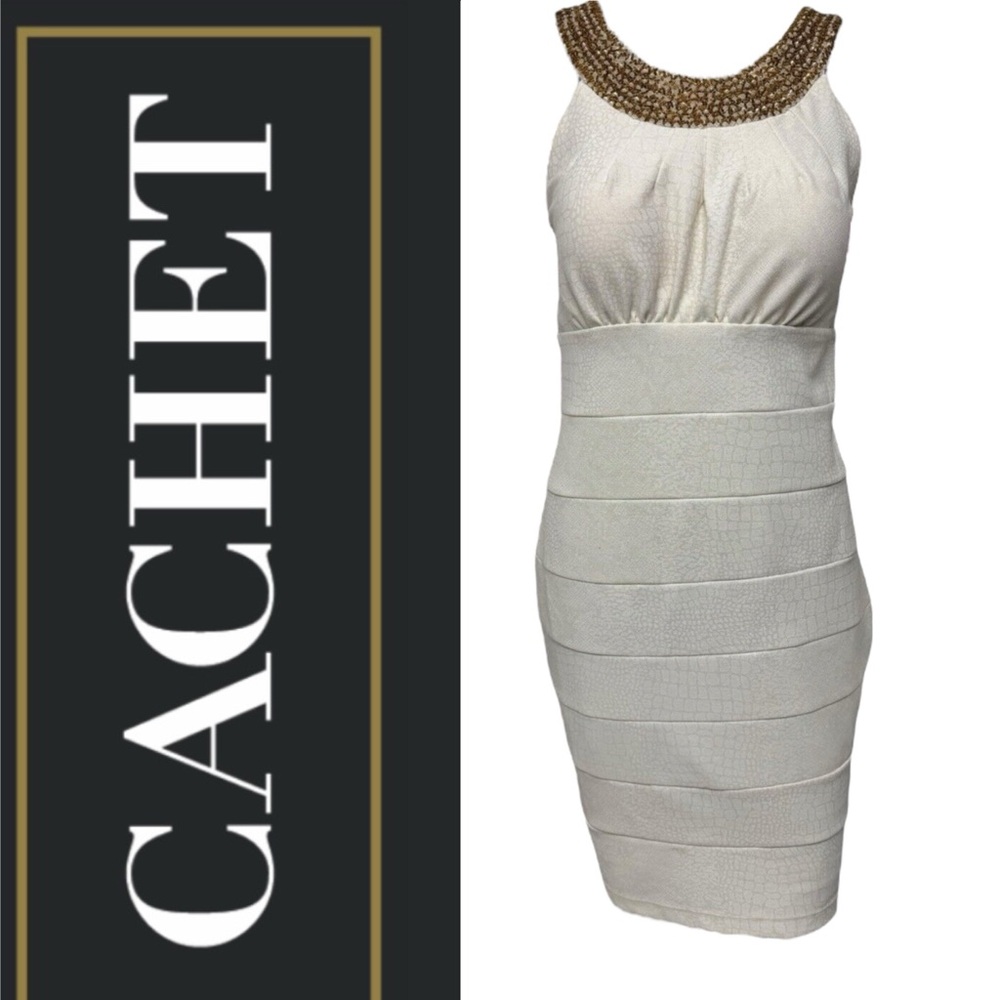 Cachet Gold Beaded Neckline‎ Bodycon ivory Dress  Sleeveless Size Small